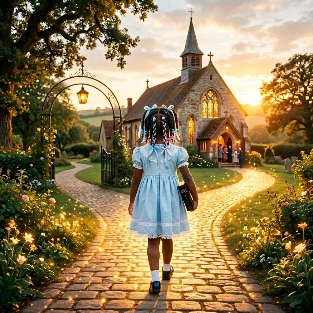 Little Black girl walking to church, glowing path, Bible