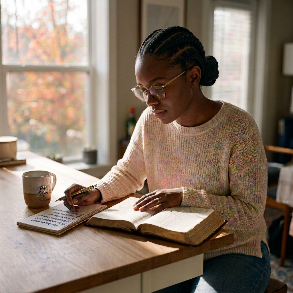 Woman reading an open book and writing notes at a wooden table