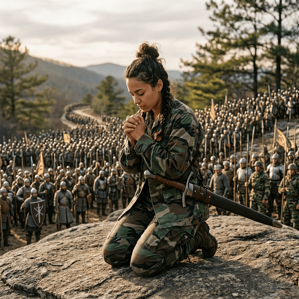 Praying woman overlooking soldiers in valley