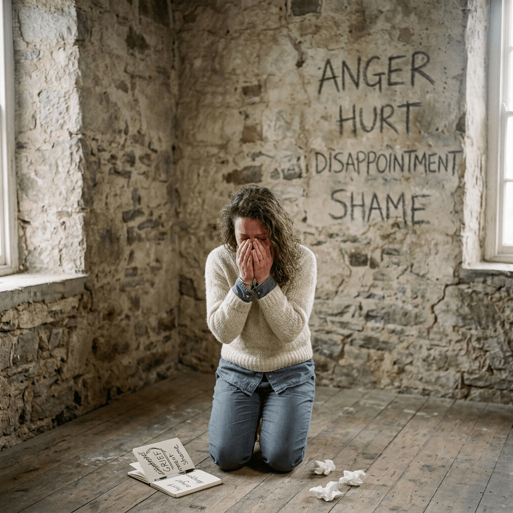 Woman kneeling and crying