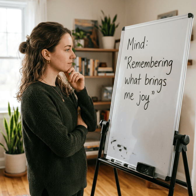 Woman reflecting beside a whiteboard reading “Mind: Remembering what brings me joy”