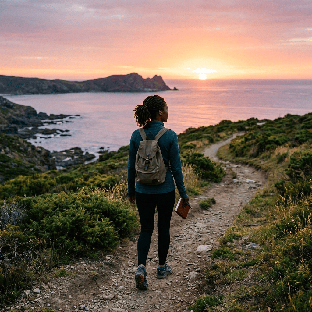 Hiker with backpack walking coastal trail toward sunset