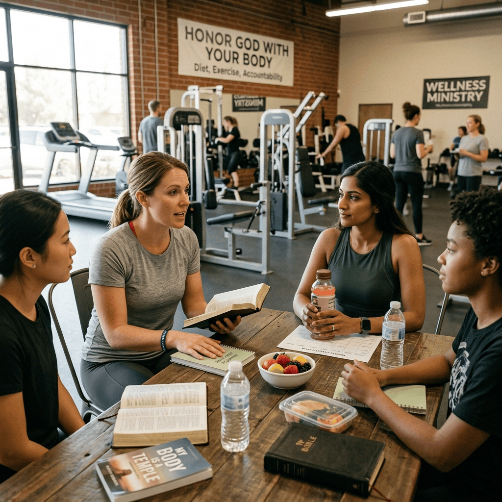 Four adults discuss faith and wellness around a table in a gym.