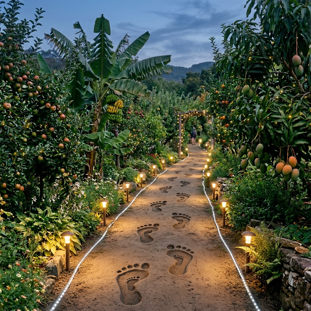 Stone steps winding through a lush fruit garden with banana and mango trees